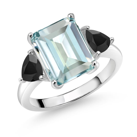 Gem Stone King 925 Sterling Silver Sky Blue Simulated Aquamarine and Black Onyx 3 Stone Ring for Women (6.13 Cttw, Octagon 12X10MM, Trillion 5X5MM, Gemstone March Birthstone, Size 7)