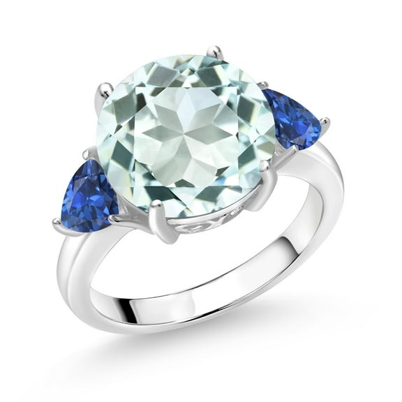Gem Stone King 925 Sterling Silver Sky Blue Simulated Aquamarine and Blue Created Sapphire 3-Stone Ring for Women (7.78 Cttw, Round 12MM, Trillion 5MM, Size 9)