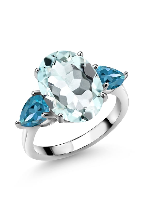 7.24 Cttw Sky Blue Simulated Aquamarine and London Blue Topaz Ring for Women | 925 Sterling Silver | 14X10MM Oval and 7X5MM Pear Shape (Size 9)