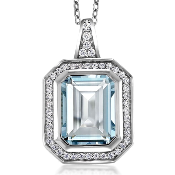 Gem Stone King 925 Sterling Silver Sky Blue Simulated Aquamarine Necklace | 4.64 Cttw | Emerald Cut 11X9MM Pendant Necklace for Women | with 18 inch Silver Chain