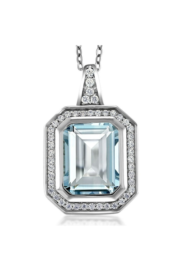 925 Sterling Silver Sky Blue Simulated Aquamarine Necklace | 4.64 Cttw | Emerald Cut 11X9MM Pendant Necklace for Women | with 18 inch Silver Chain