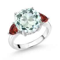 Gem Stone King 925 Sterling Silver Sky Blue Simulated Aquamarine and Red Garnet 3-Stone Ring for Women (7.78 Cttw, Round 12MM, Trillion 5MM, Size 8)