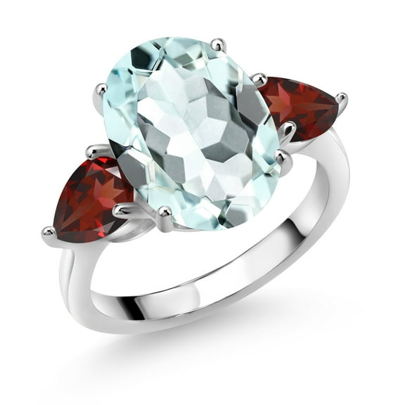 Gem Stone King 7.24 Cttw Sky Blue Simulated Aquamarine and Red Garnet 3-Stone Ring for Women | 925 Silver | 14X10MM Oval | 7X5MM Pear Shape | Wedding Engagement Anniversary Promise Ring | Size 5