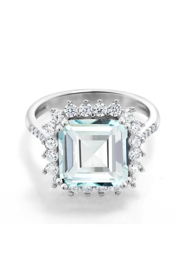 4.83 Cttw Sky Blue Simulated Aquamarine Ring | 925 Sterling Silver | Octagon Cut 10MM | Wedding Engagement Anniversary Promise Ring for Women | Size 9