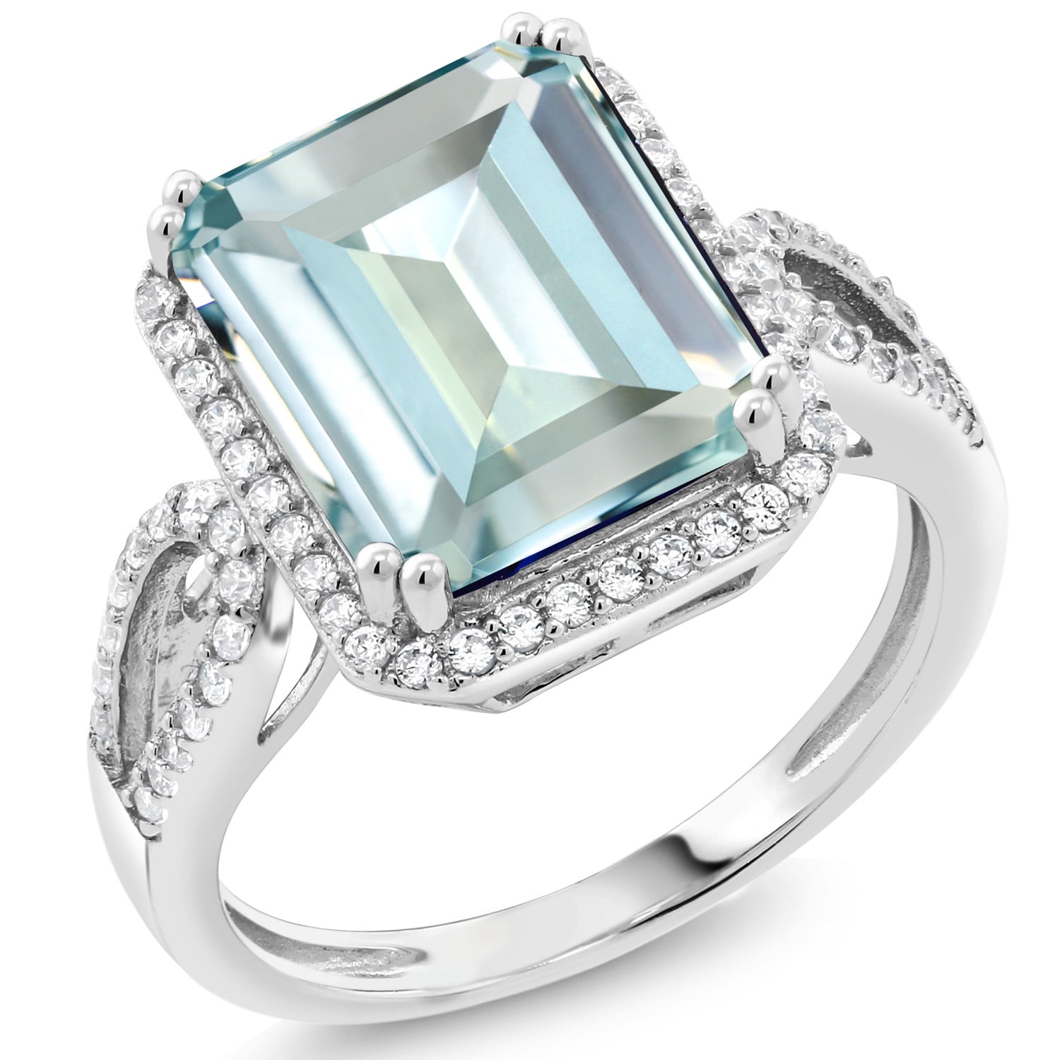 Gem Stone King 6.23 Cttw Sky Blue Simulated Aquamarine Ring for Women | 925 Sterling Silver | Emerald Cut 12X10MM | Gemstone Birthstone | Wedding Engagement Anniversary Promise Ring for Women