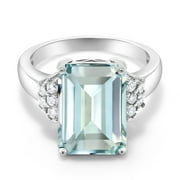 GEM STONE KING 925 Sterling Silver Sky Blue Simulated Aquamarine Ring for Women (6.94 Cttw, Gemstone Birthstone, Emerald Cut 14X10MM, Available in Size 5, 6, 7, 8, 9)