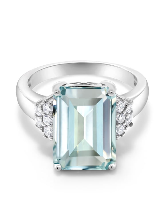 925 Sterling Silver Sky Blue Simulated Aquamarine Ring for Women (6.94 Cttw, Gemstone Birthstone, Emerald Cut 14X10MM, Available in Size 5, 6, 7, 8, 9)