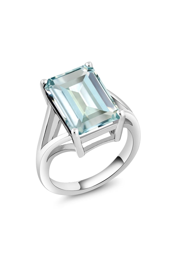 925 Sterling Silver Sky Blue Simulated Aquamarine Ring for Women (6.64 Cttw, Emerald Cut 14X10MM, Available in Size 5, 6, 7, 8, 9)