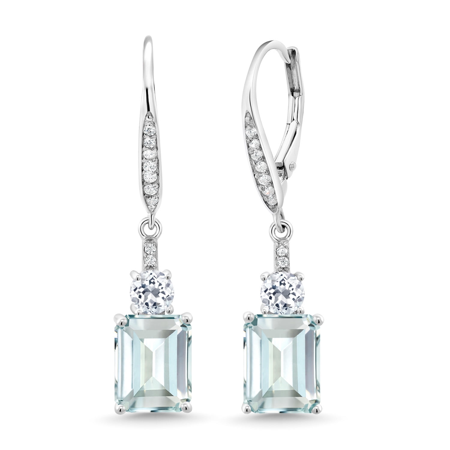 Gem Stone King 925 Sterling Silver Sky Blue Simulated Aquamarine and White Topaz Dangle Earrings for Women (5.26 Cttw, Gemstone Birthstone, Octagon 9X7MM)