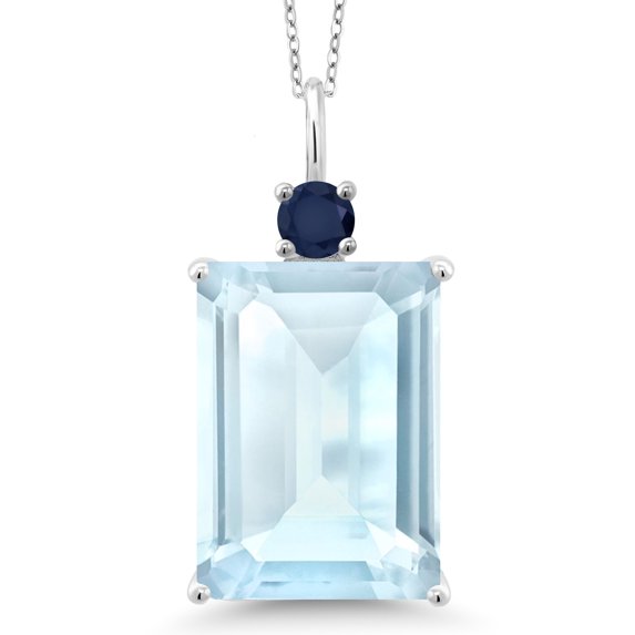 Gem Stone King 925 Sterling Silver Sky Blue Topaz and Blue Sapphire Pendant Necklace for Women | 20.35 Cttw | Gemstone November Birthstone | Emerald Cut 18X13MM | With 18 inch Chain