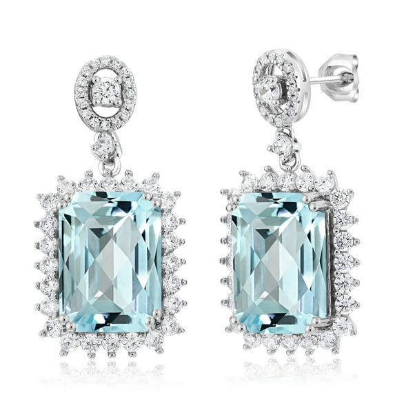 Gem Stone King 925 Sterling Silver Sky Blue Topaz Dangle Earrings for Women (17.20 Cttw, Gemstone November Birthstone, Octagon Checkerboard 14X10MM)