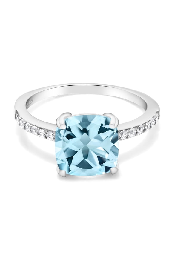 925 Sterling Silver Sky Blue Topaz Engagement Ring for Women (2.86 Cttw, Cushion Cut 8MM, Gemstone Birthstone, Available in Size 5, 6, 7, 8, 9)
