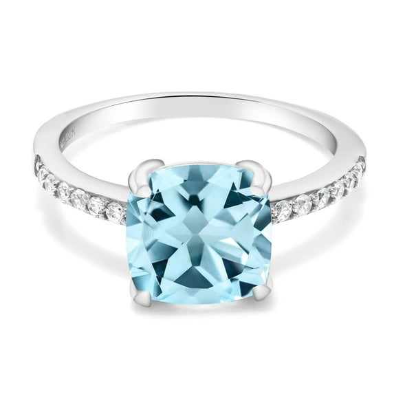 Gem Stone King 925 Sterling Silver Sky Blue Topaz Engagement Ring for Women (2.86 Cttw, Cushion Cut 8MM, Gemstone Birthstone, Available in Size 5, 6, 7, 8, 9)