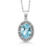 Gem Stone King 925 Sterling Silver Sky Blue Topaz Pendant Necklace For Women (8.04 Cttw, Oval Checkerboard 14X10MM, Gemstone November Birthstone, with 18 inch Silver Chain)