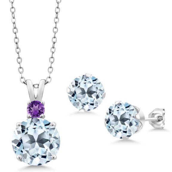 Gem Stone King 925 Sterling Silver Sky Blue Topaz and Purple Amethyst Pendant and Earrings Jewelry Set for Women (14.46 Cttw, Round 10MM, Gemstone November Birthstone, with 18 inch Silver Chain)