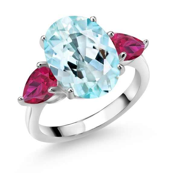 Gem Stone King 925 Sterling Silver Sky Blue Topaz and Red Created Ruby Ring for Women (8.18 Cttw, 14X10MM Oval and 7X5MM Pear Shape, Gemstone November Birthstone, Size 9)