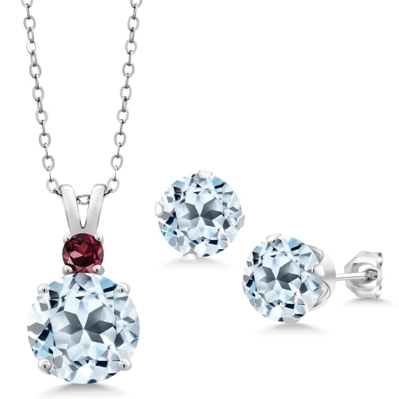 Gem Stone King 925 Sterling Silver Sky Blue Topaz and Red Rhodolite Garnet Pendant and Earrings Jewelry Set for Women (14.52 Cttw, Round 10MM, Gemstone November Birthstone, with 18 inch Silver Chain)