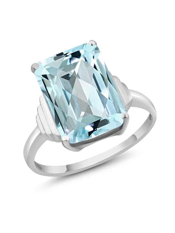 925 Sterling Silver Sky Blue Topaz Ring for Women (8.30 Cttw, Emerald Cut Checkerboard 14X10MM, Gemstone November Birthstone, Available in Size 5, 6, 7, 8, 9)