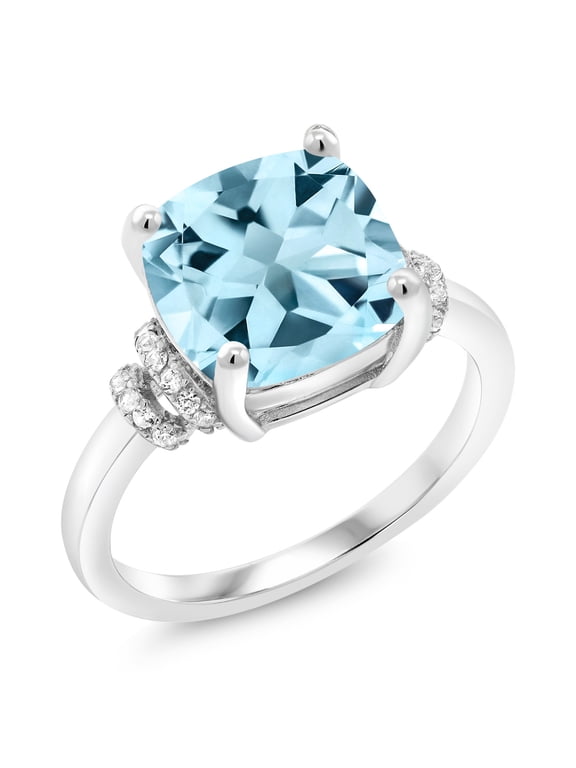 925 Sterling Silver Sky Blue Topaz Ring for Women (4.54 Cttw, Cushion 10MM, Gemstone Birthstone, Available in Size 5, 6, 7, 8, 9)