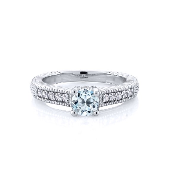 Gem Stone King 925 Sterling Silver Sky Blue Topaz and White Created Sapphire Women's Solitaire Ring with Accent Stones (0.85 Cttw, Round Shape 5MM, Available in Size 5, 6, 7, 8, 9)