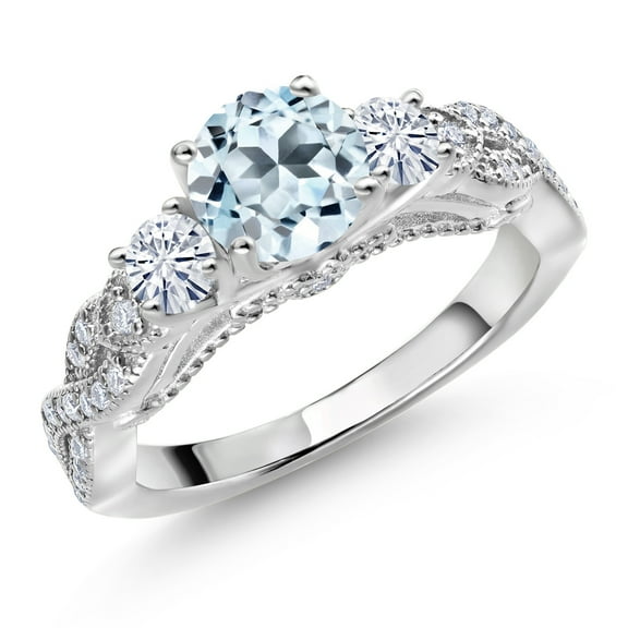 Gem Stone King 925 Sterling Silver Sky Blue Topaz and White Moissanite Engagement Ring for Women (1.47 Cttw, Gemstone November Birthstone, Round 6MM and 3MM, Size 8)