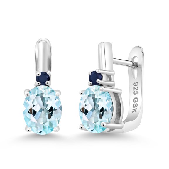 Gem Stone King 925 Sterling Silver Sky Blue Topaz and Blue Sapphire Earrings for Women (4.10 Cttw, Gemstone November Birthstone, Oval 9X7MM)
