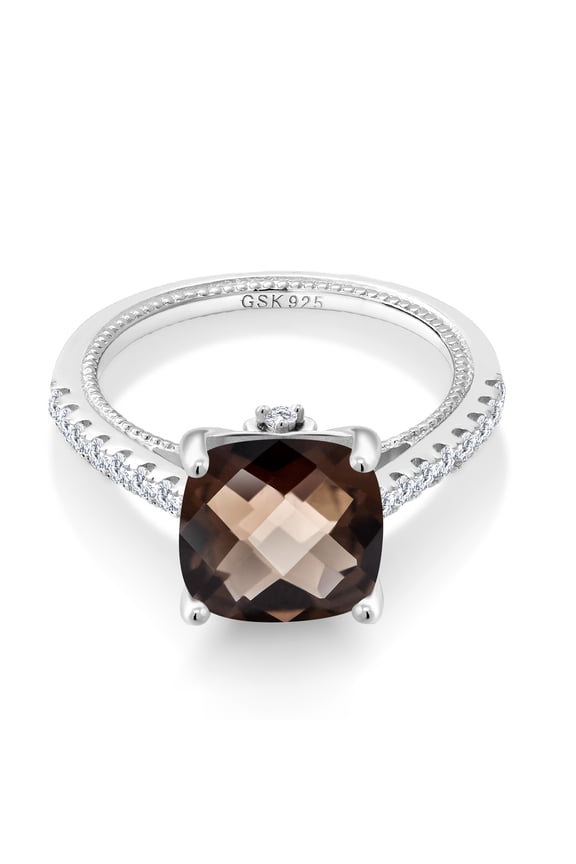 4.12 Cttw Smoky Quartz and White Created Sapphire Engagement Ring for Women | 925 Sterling Silver | Cushion Checkerboard 10MM | Wedding Anniversary Promise Ring for Women | Size 5