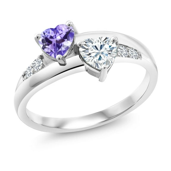 Gem Stone King 925 Sterling Silver Solitaire Lab Grown Diamond Ring Heart Shape Tanzanite Moissanite (1.00 Cttw, Size 6)