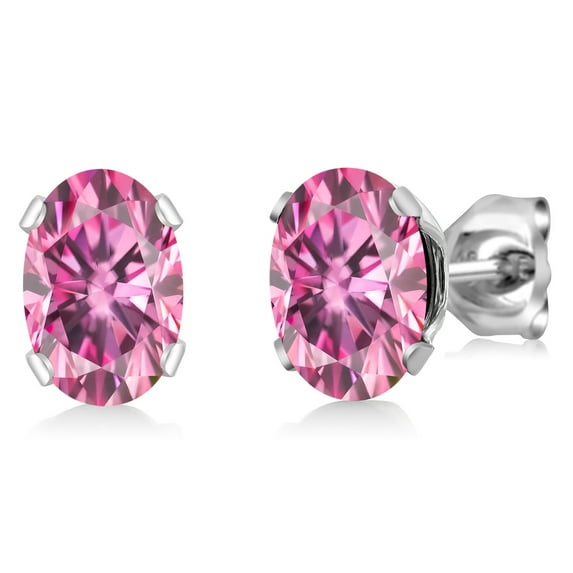 Gem Stone King 925 Sterling Silver Solitaire Stud Earrings for Women Men Pink Oval Moissanite (1.80 Cttw, 7x5mm)