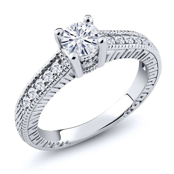 Gem Stone King 925 Sterling Silver Solitaire with Accent Stones Lab Grown Diamond Ring Round 0.65cttw Moissanite (Size 8)