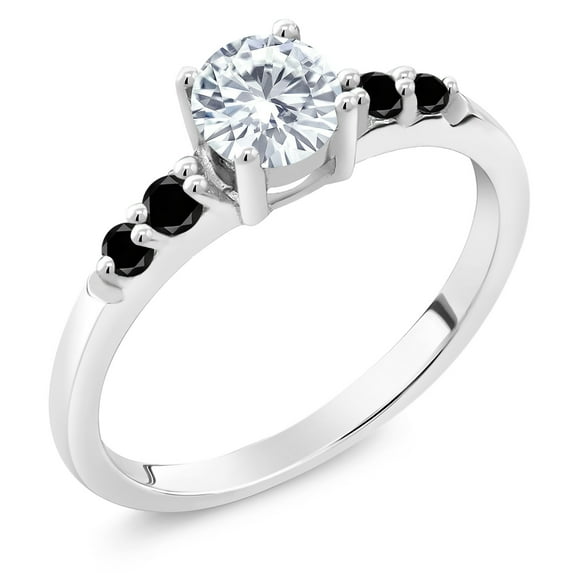 Gem Stone King 925 Sterling Silver Solitaire with Accent Stones Ring Round 0.68cttw Moissanite and Diamond (Size 9)