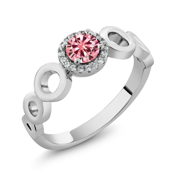 Gem Stone King 925 Sterling Silver Solitaire with Accent Stones Ring Round Pink Moissanite and 0.72cttw (Size 7)