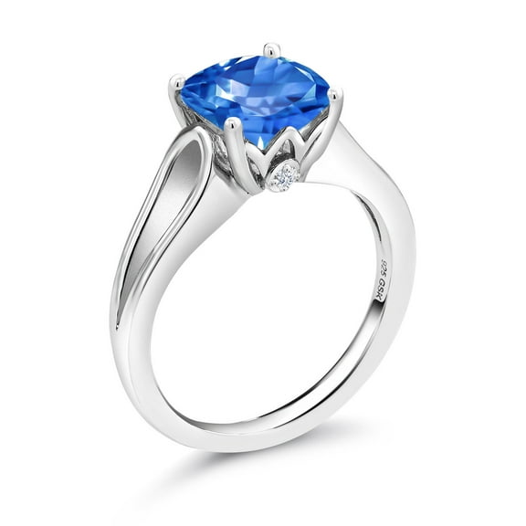 Gem Stone King 4.15 Cttw Fancy Blue Zirconia Solitaire with Accent Stones Ring for Women | 925 Sterling Silver | Cushion Cut 9MM (Size 5)