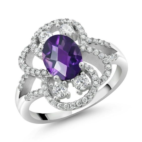 Gem Stone King 925 Sterling Silver Statement Ring Set with Oval Checkerboard Purple Amethyst (2.32 cttw) (Size 5)