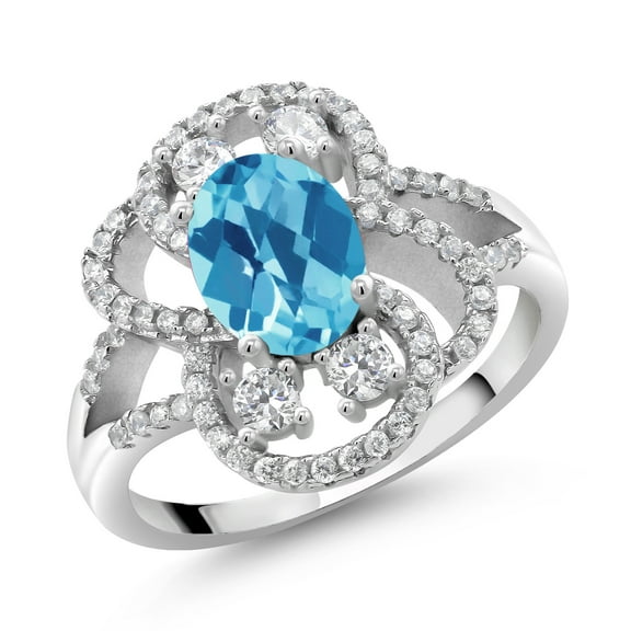 Gem Stone King 925 Sterling Silver Statement Ring Set with Oval Checkerboard Swiss Blue Topaz (3.07 cttw) (Size 6)
