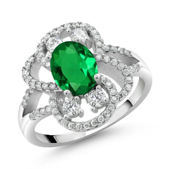 Gem Stone King 925 Sterling Silver Statement Ring Set with Oval Green Nano Emerald (2.32 cttw) (Size 7)