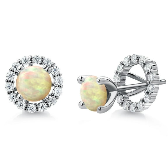 Gem Stone King 925 Sterling Silver Stud Earrings Cabochon Ethiopian Opal Moissanite (1.54 Cttw)