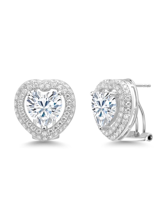925 Sterling Silver Stud Earrings Set with Heart Shape Moissanite (9.05 Cttw)