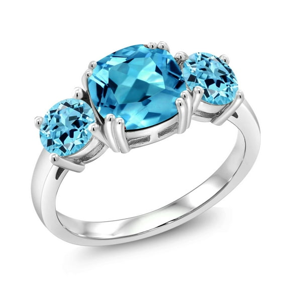 Gem Stone King 925 Sterling Silver Swiss Blue Topaz 3-Stone Engagement Ring for Women | 3.70 Cttw | Gemstone Birthstone | Cushion 8MM (Size 8)