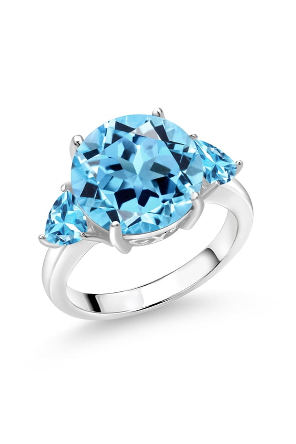 925 Sterling Silver Swiss Blue Topaz 3-Stone Ring for Women (8.16 Cttw, Round 12MM, Trillion 5MM, Size 5)