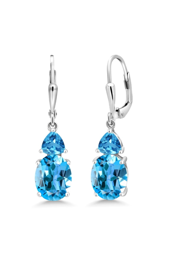 925 Sterling Silver Swiss Blue Topaz Dangle Earrings for Women (7.56 Cttw, Gemstone November Birthstone, Oval 10X8MM, Trillion 5MM)