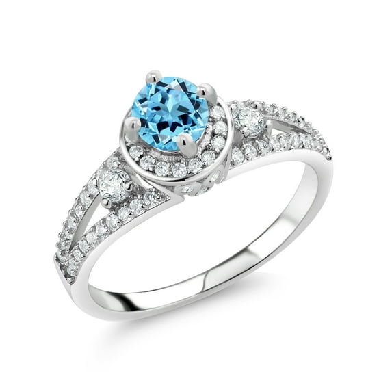Gem Stone King 925 Sterling Silver Swiss Blue Topaz Engagement Ring for Women (1.59 Cttw, Round 5MM, Gemstone November Birthstone, Size 8)