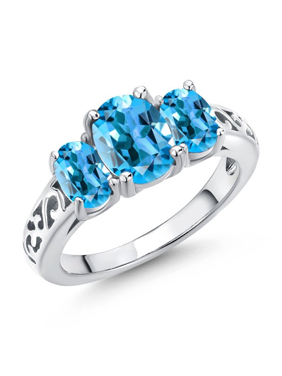 925 Sterling Silver Swiss Blue Topaz Filigree Style 3 Stone Ring for Women (2.60 Cttw, Oval 8X6MM and 6X4MM) (Size 8)