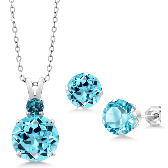 Gem Stone King 925 Sterling Silver Swiss Blue Topaz and London Blue Topaz Pendant and Earrings Jewelry Set for Women (8.06 Cttw, Round 10MM, Gemstone November Birthstone, with 18 inch Silver Chain)