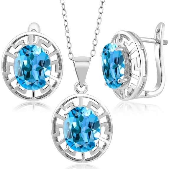 Gem Stone King 925 Sterling Silver Swiss Blue Topaz Pendant and Earrings Jewelry Set for Women | 8.10 Cttw | Gemstone November Birthstone | Oval 10X8MM | With 18 inch Chain