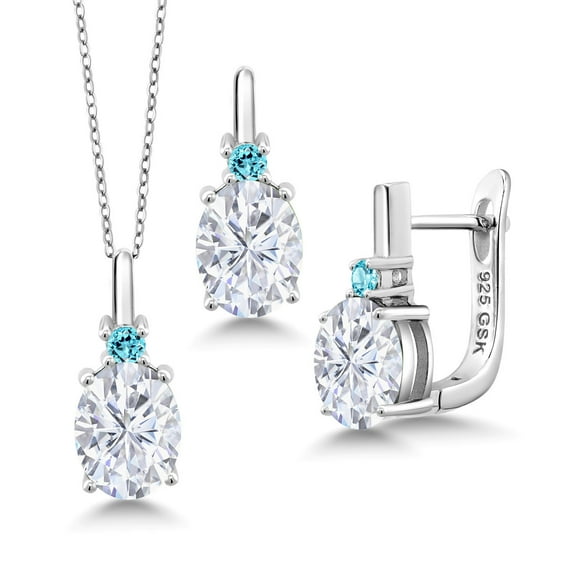 Gem Stone King 925 Sterling Silver Swiss Blue Topaz Pendant and Earrings Jewelry Set with Moissanite (6.54 Cttw)