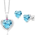 thumbnail image 1 of Gem Stone King 925 Sterling Silver Swiss Blue Topaz and Pink Zirconia Pendant Necklace Earrings Set for Women (4.22 Cttw, Heart Shape 8MM and 6MM, with 18 inch Chain), 1 of 3