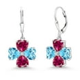 thumbnail image 1 of Gem Stone King 925 Sterling Silver Swiss Blue Topaz and Red Created Ruby Dangle Earrings for Women (7.67 Cttw, Gemstone November Birthstone, Heart Shape 6MM), 1 of 3