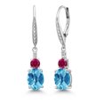 thumbnail image 1 of Gem Stone King 925 Sterling Silver Swiss Blue Topaz and Red Created Ruby Dangle Earrings for Women with Lab Grown Diamond (5.03 Cttw, Oval Checkerboard 9X7MM), 1 of 3