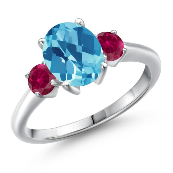 Gem Stone King 925 Sterling Silver Swiss Blue Topaz and Red Created Ruby Engagement Ring for Women | 2.75 Cttw | Oval Checkerboard 9X7MM | Gemstone November Birthstone | Size 7
